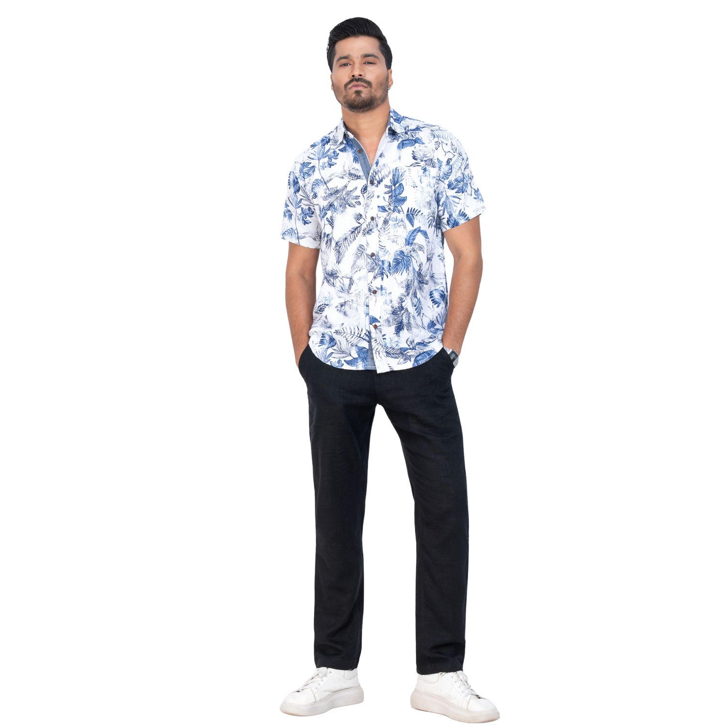 White & Blue Printed Linen Shirt