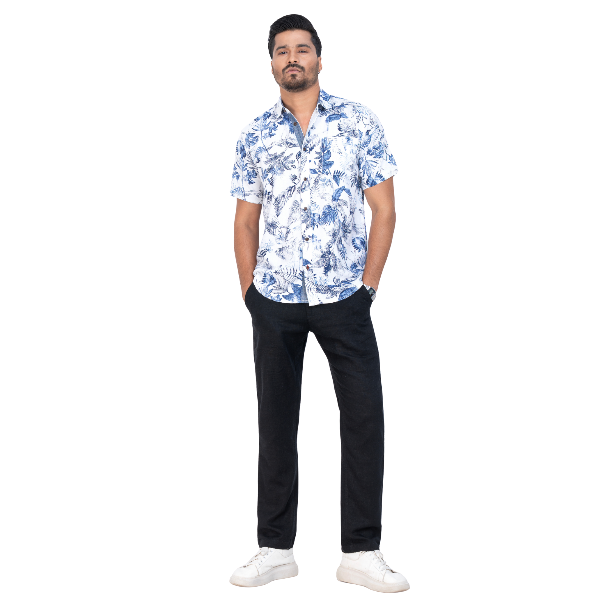 White & Blue Printed Linen Shirt