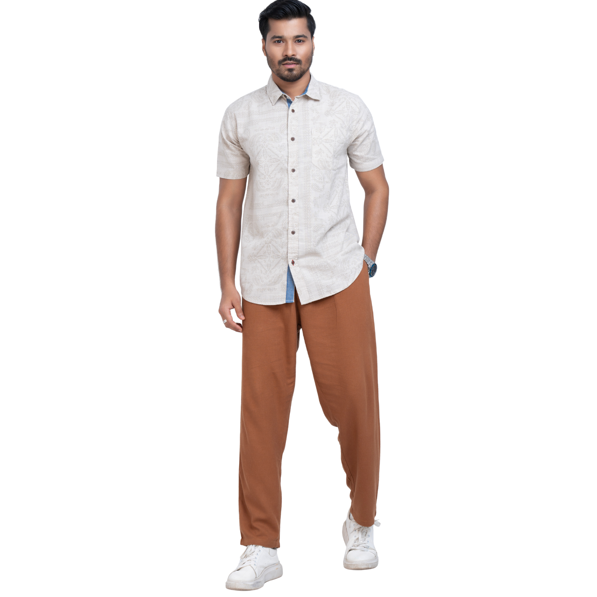 Printed Beige Linen Men