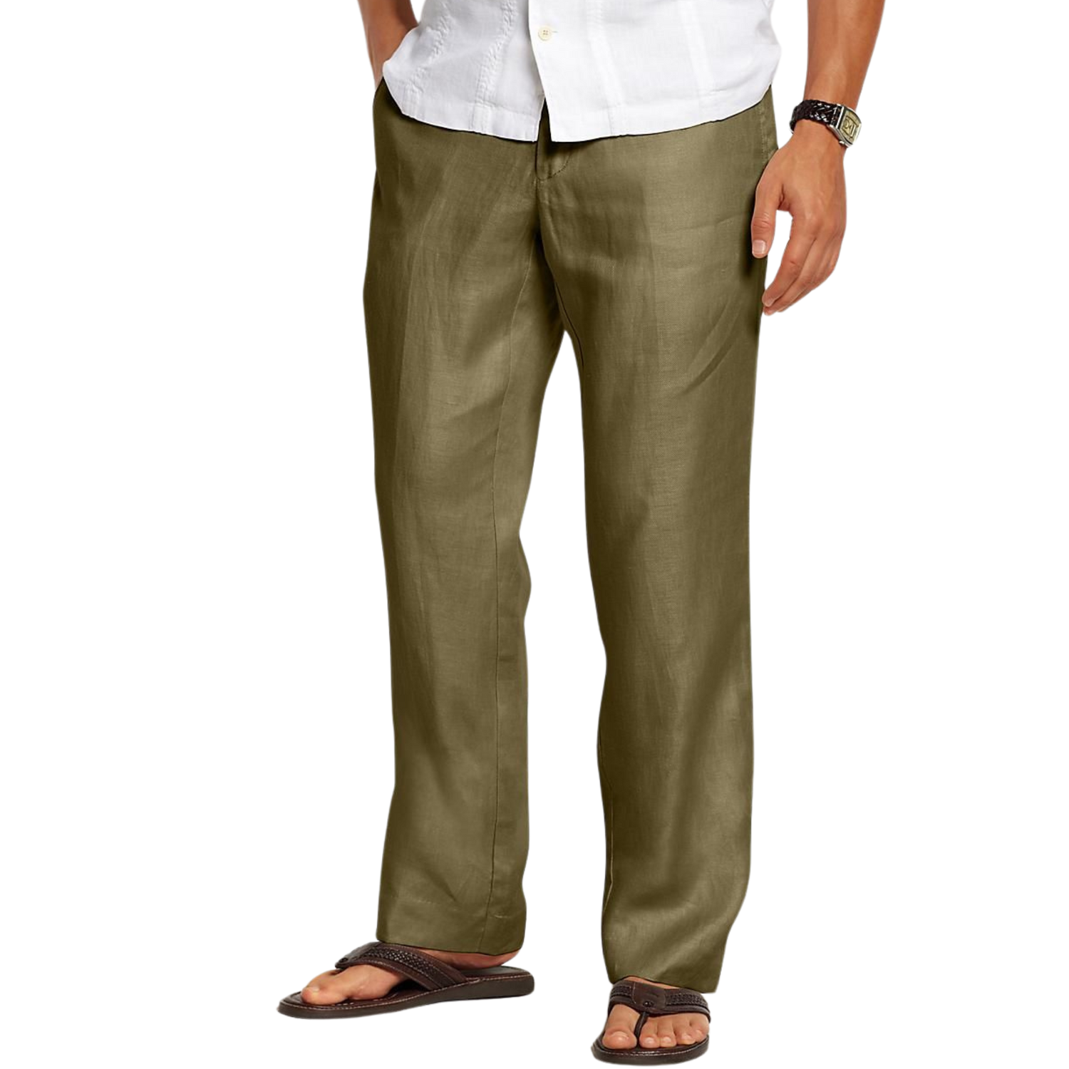 Olive Linen Relaxed Fit Trousers