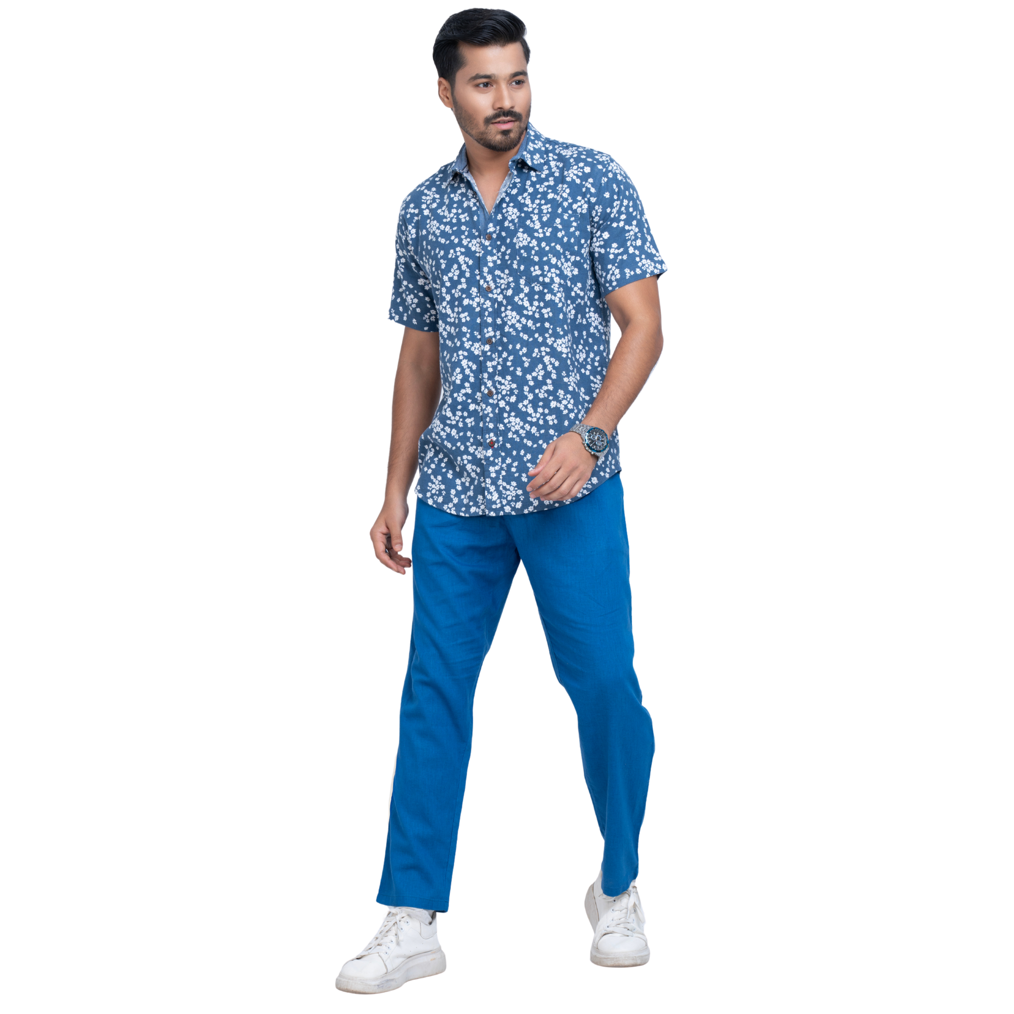 Linen blue Printed Men's Shirt