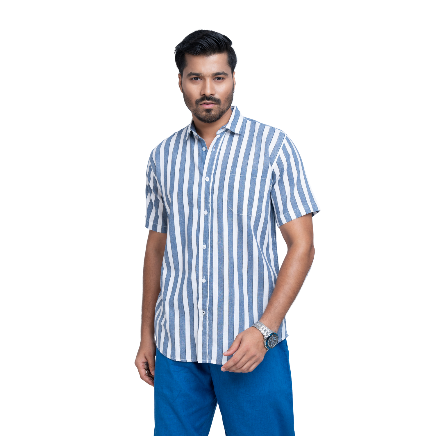 White & Blue Linen Stripe Men's Shirt