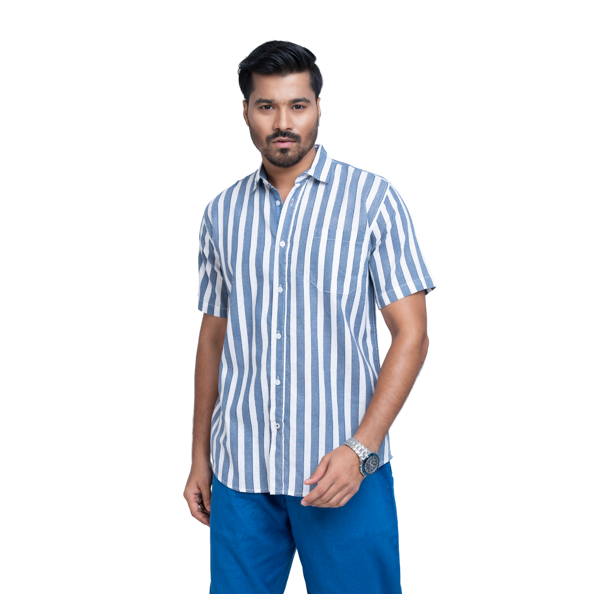 White & Blue Linen Stripe Men's Shirt