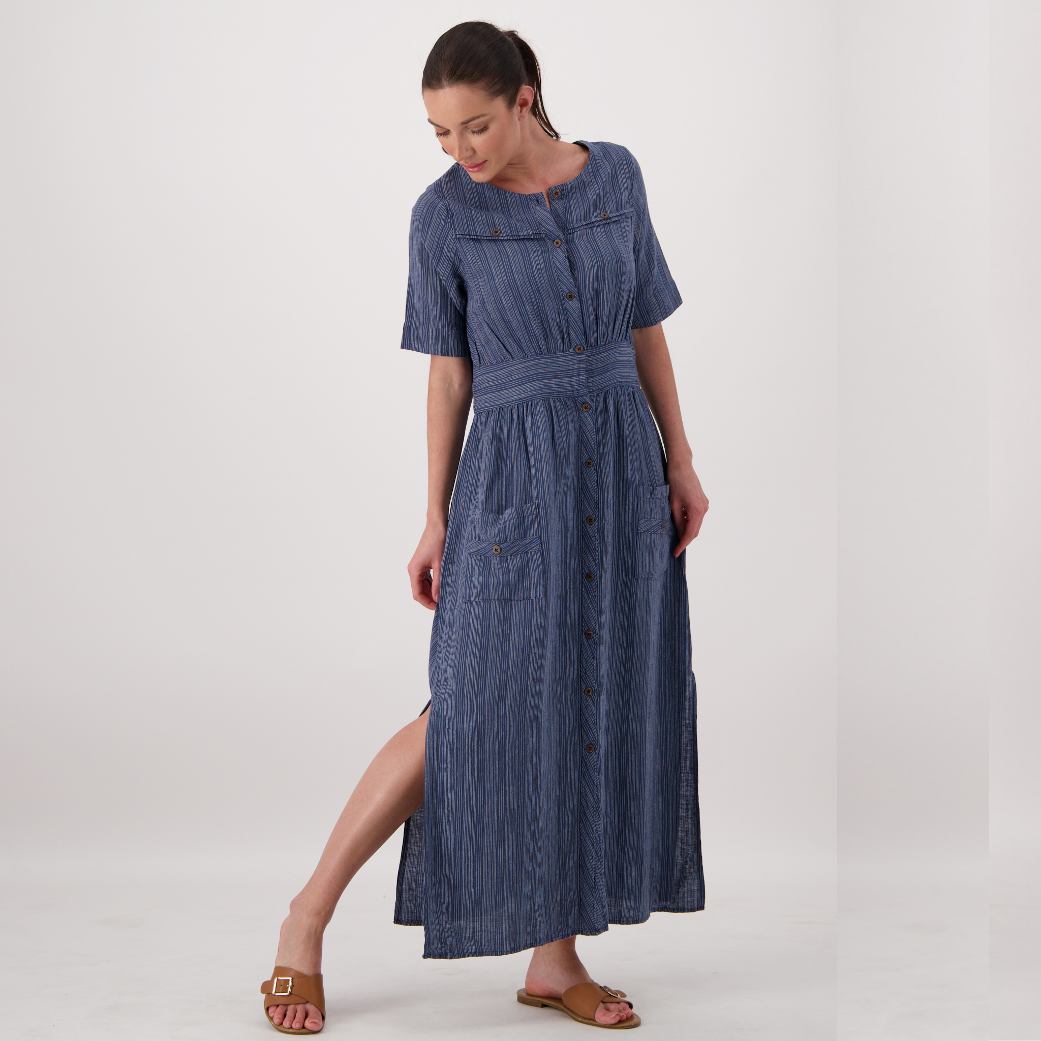 Hélène Linen Stripe Long Dress (Midnight Navy)
