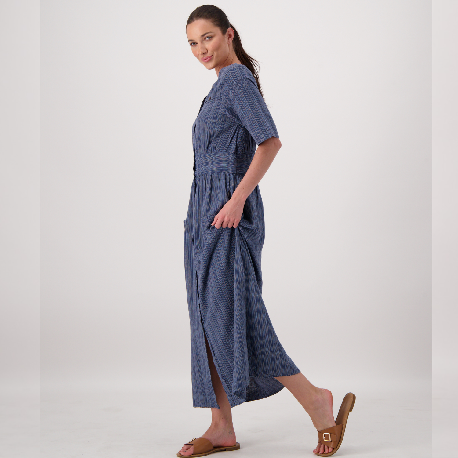 Hélène Linen Stripe Long Dress (Midnight Navy)