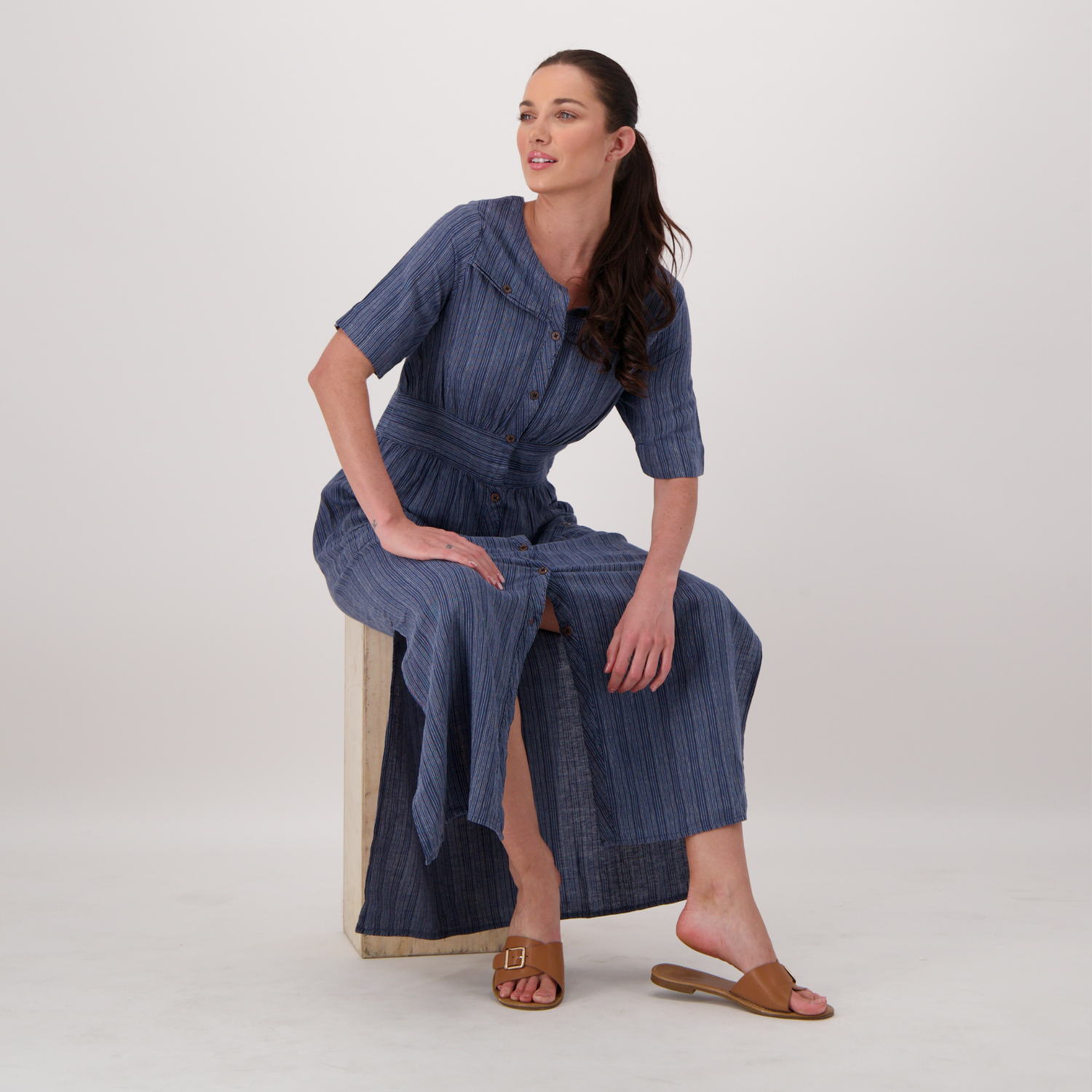 Hélène Linen Stripe Long Dress (Midnight Navy)