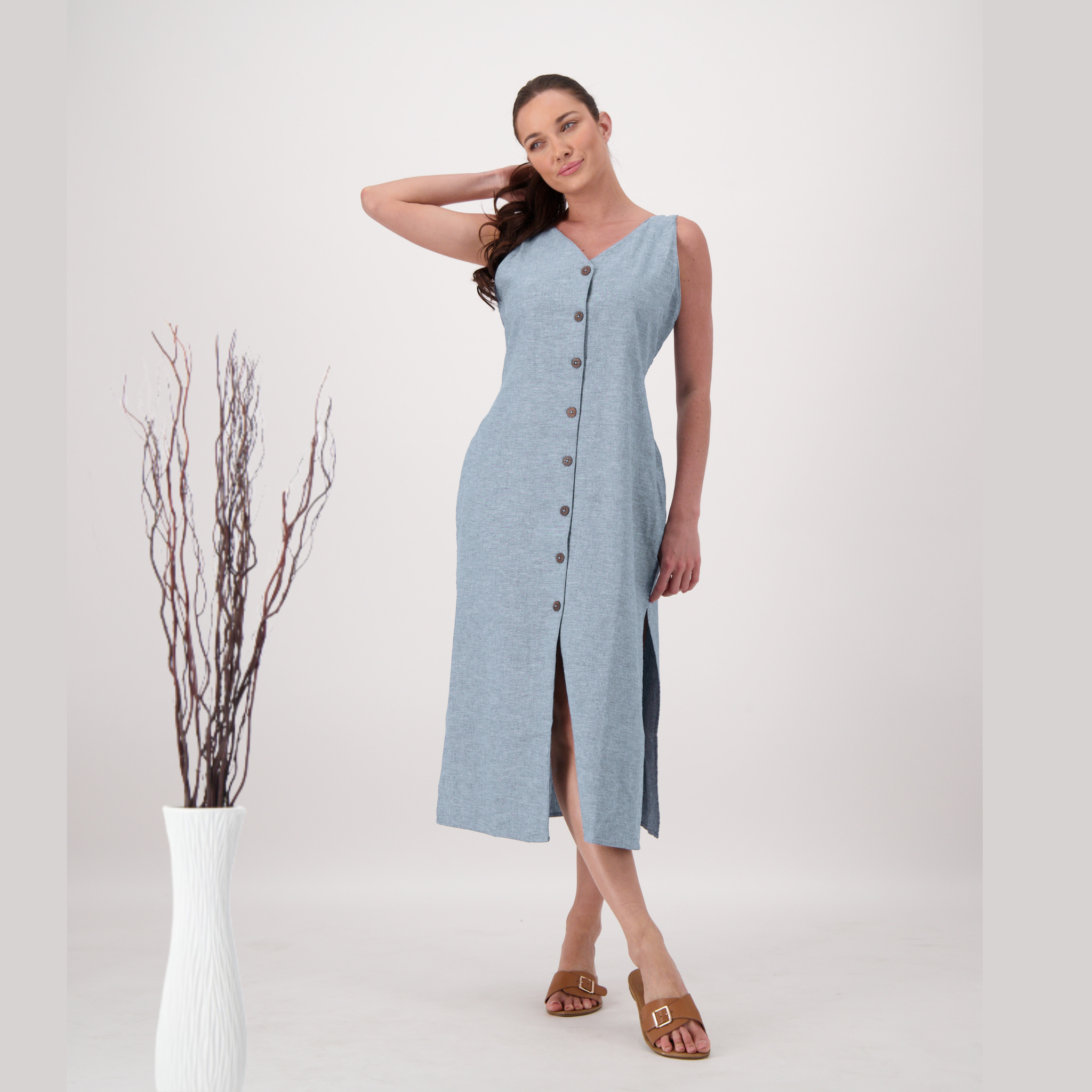 Averra Linen Button Slit Dress