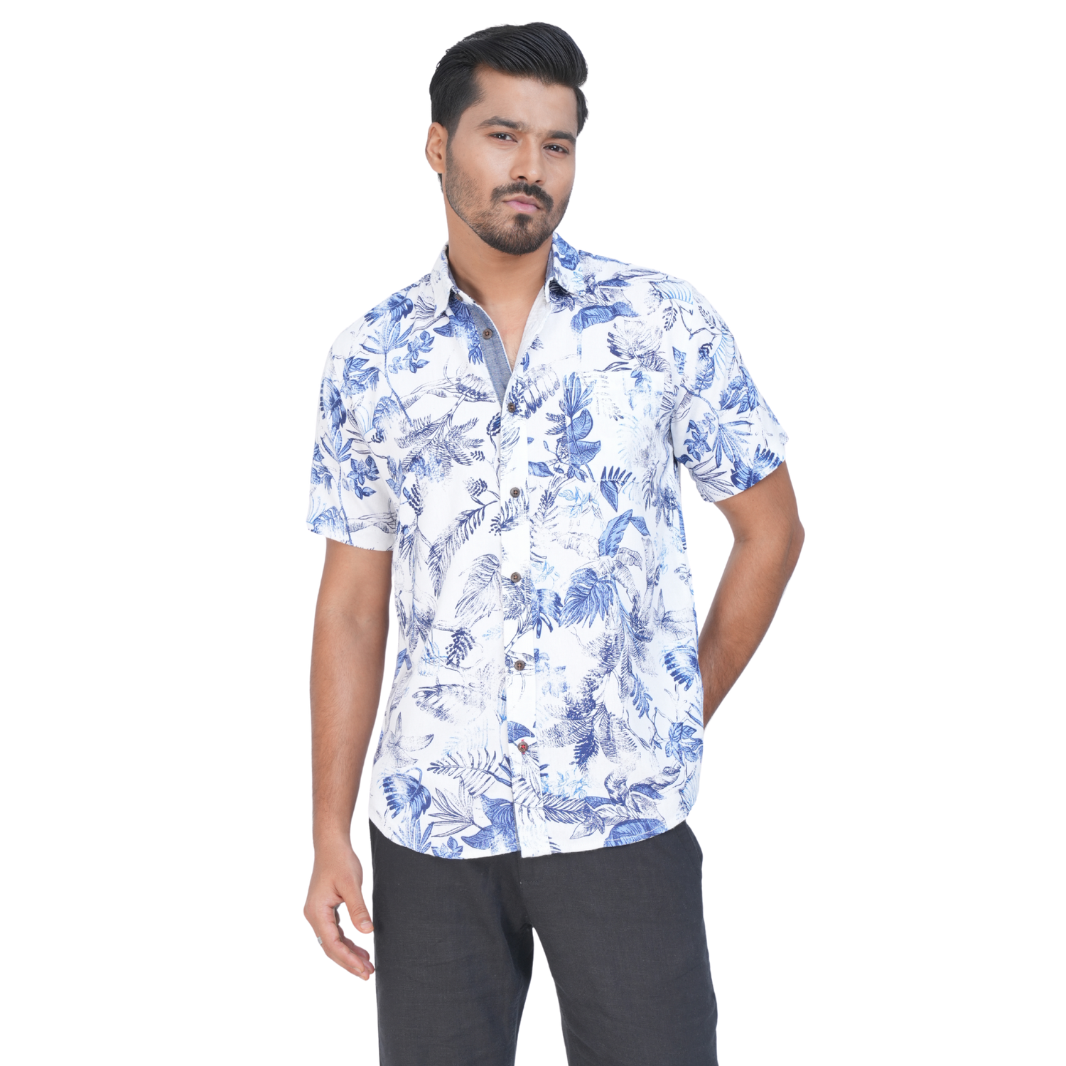 White & Blue Printed Linen Shirt
