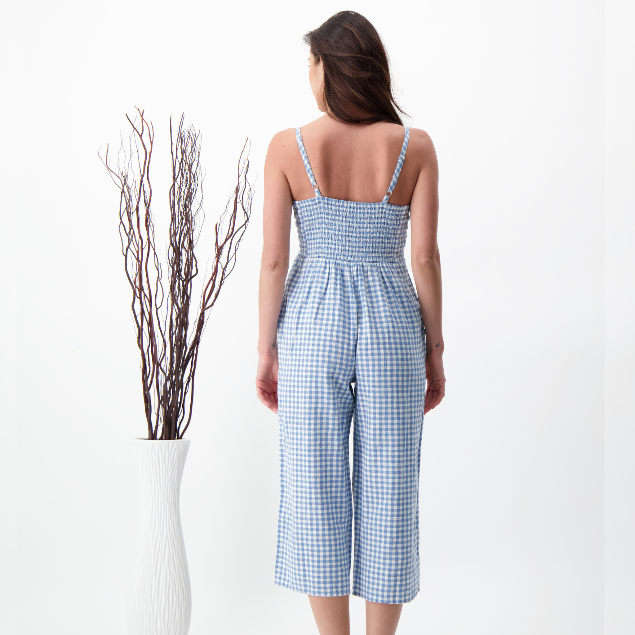 Aveline Blue Linen Check Jumpsuit