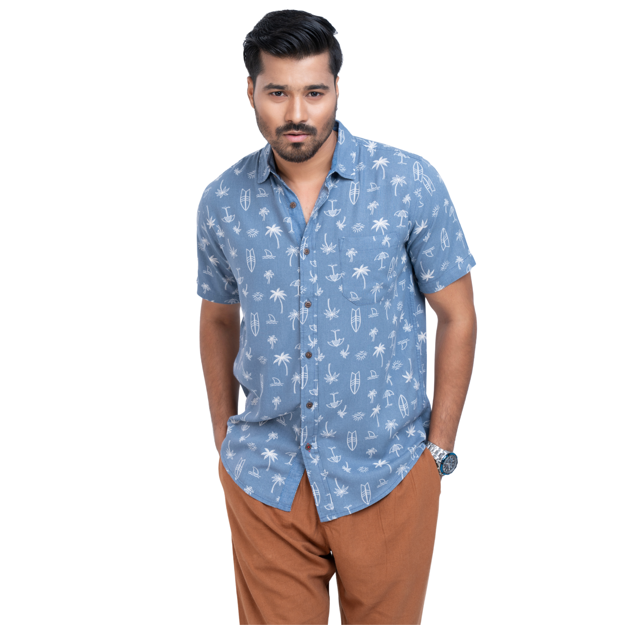 Linen Denim blue Printed Linen Shirt