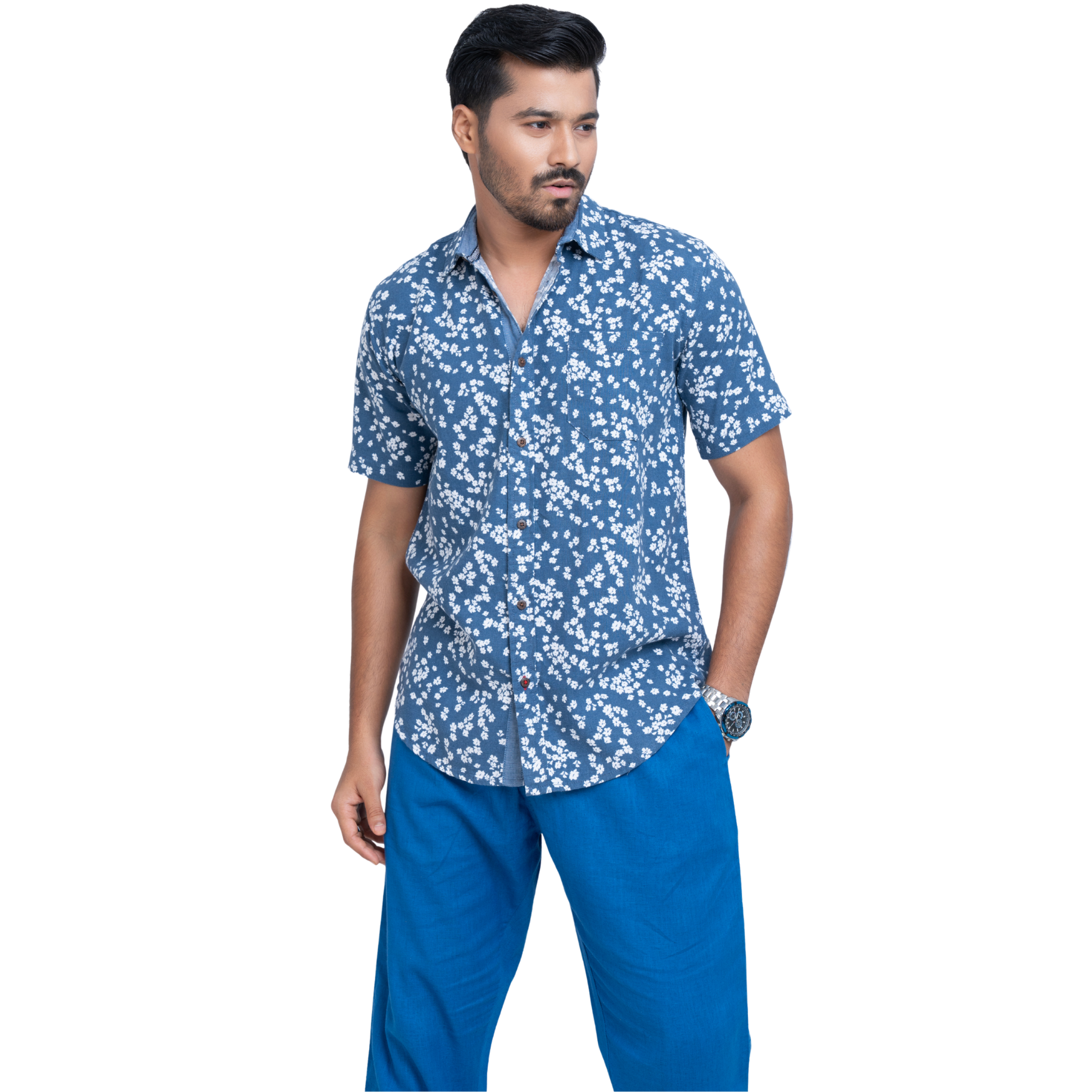 Linen blue Printed Men's Shirt