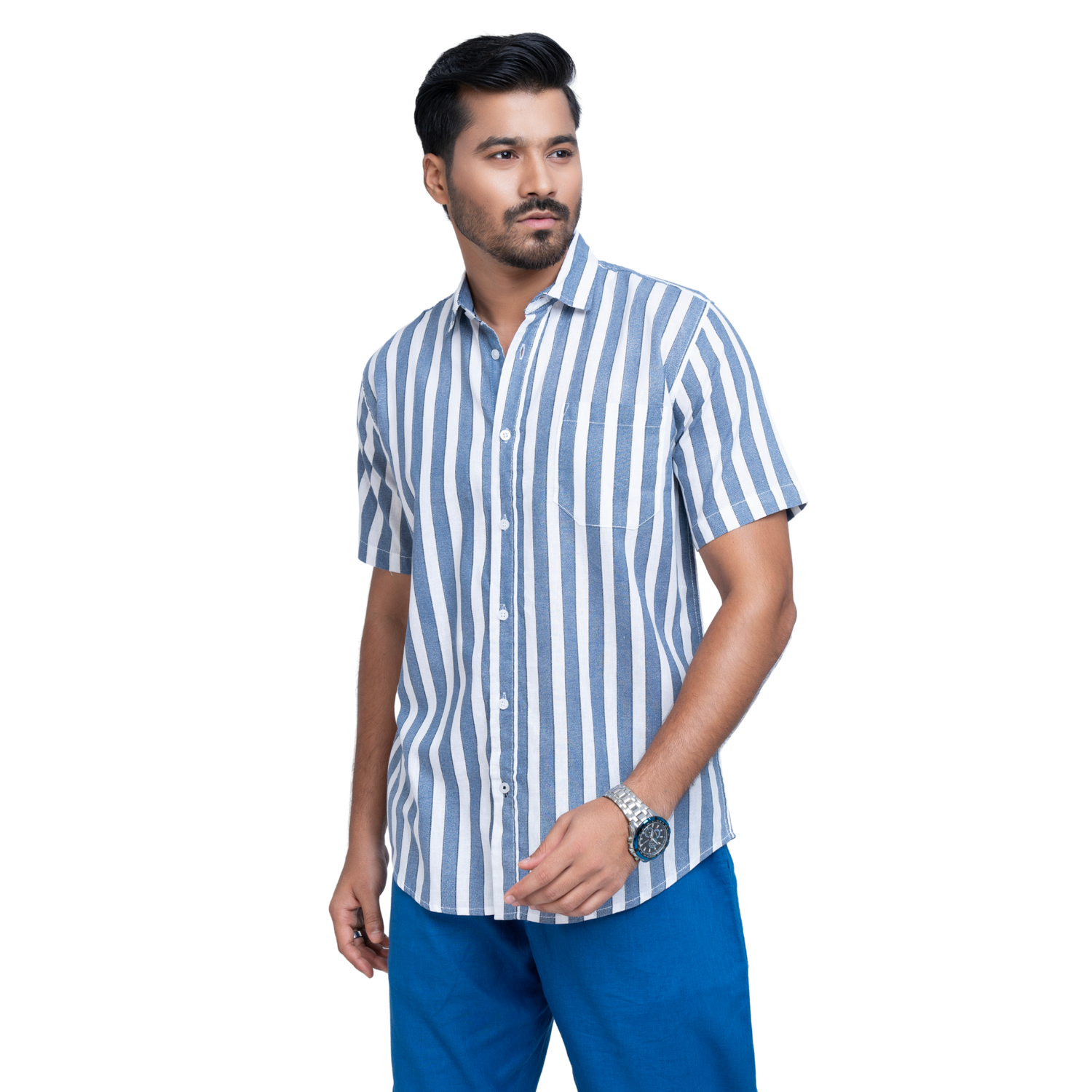 White & Blue Linen Stripe Men's Shirt