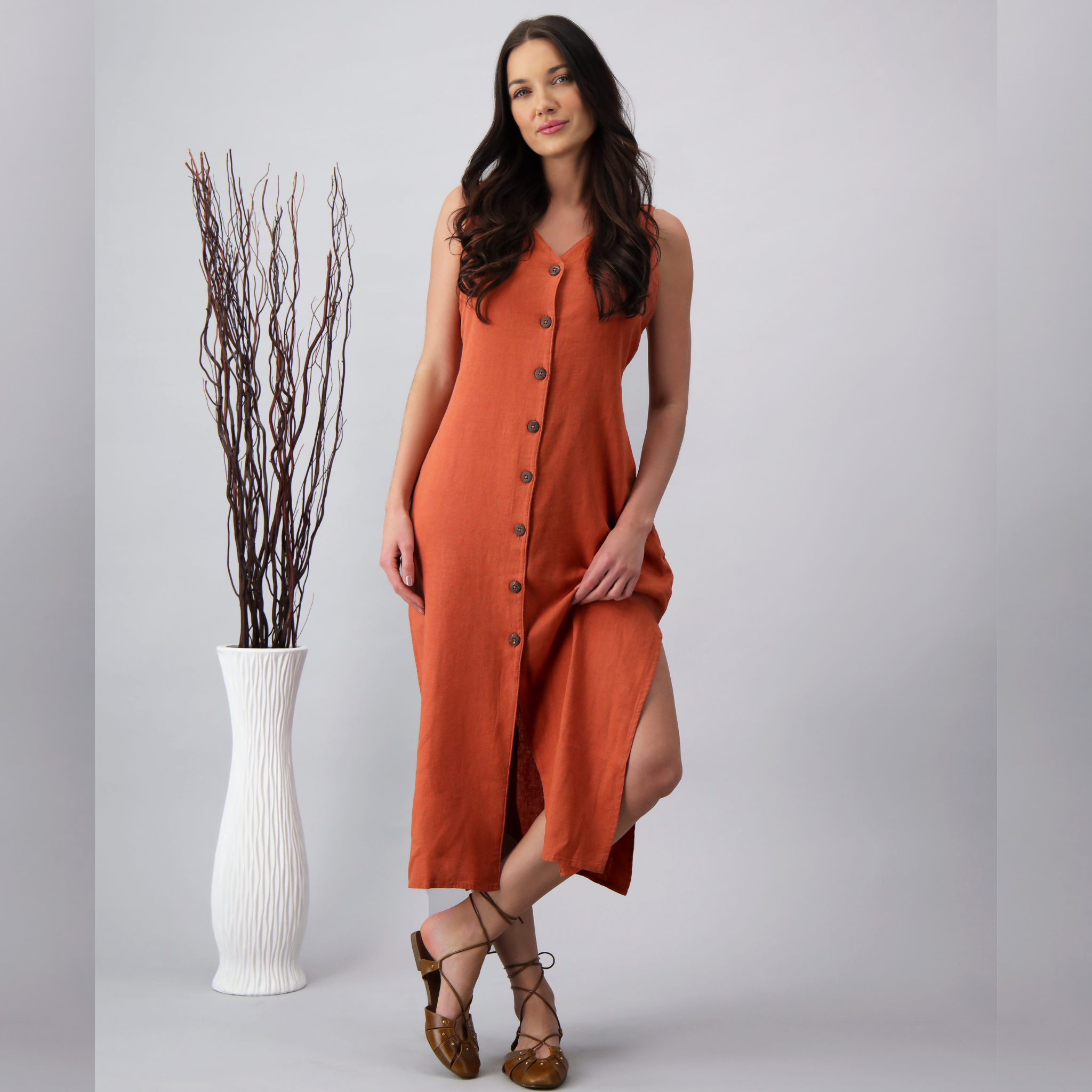 Emily Linen Button Slit Dress