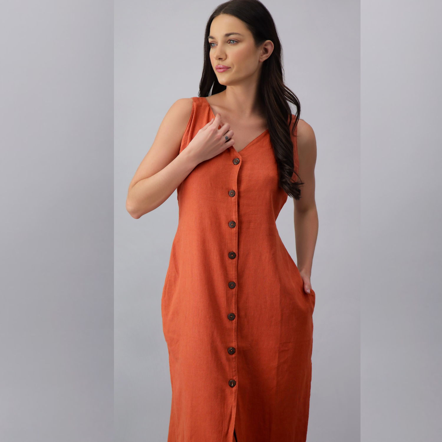 Emily Linen Button Slit Dress