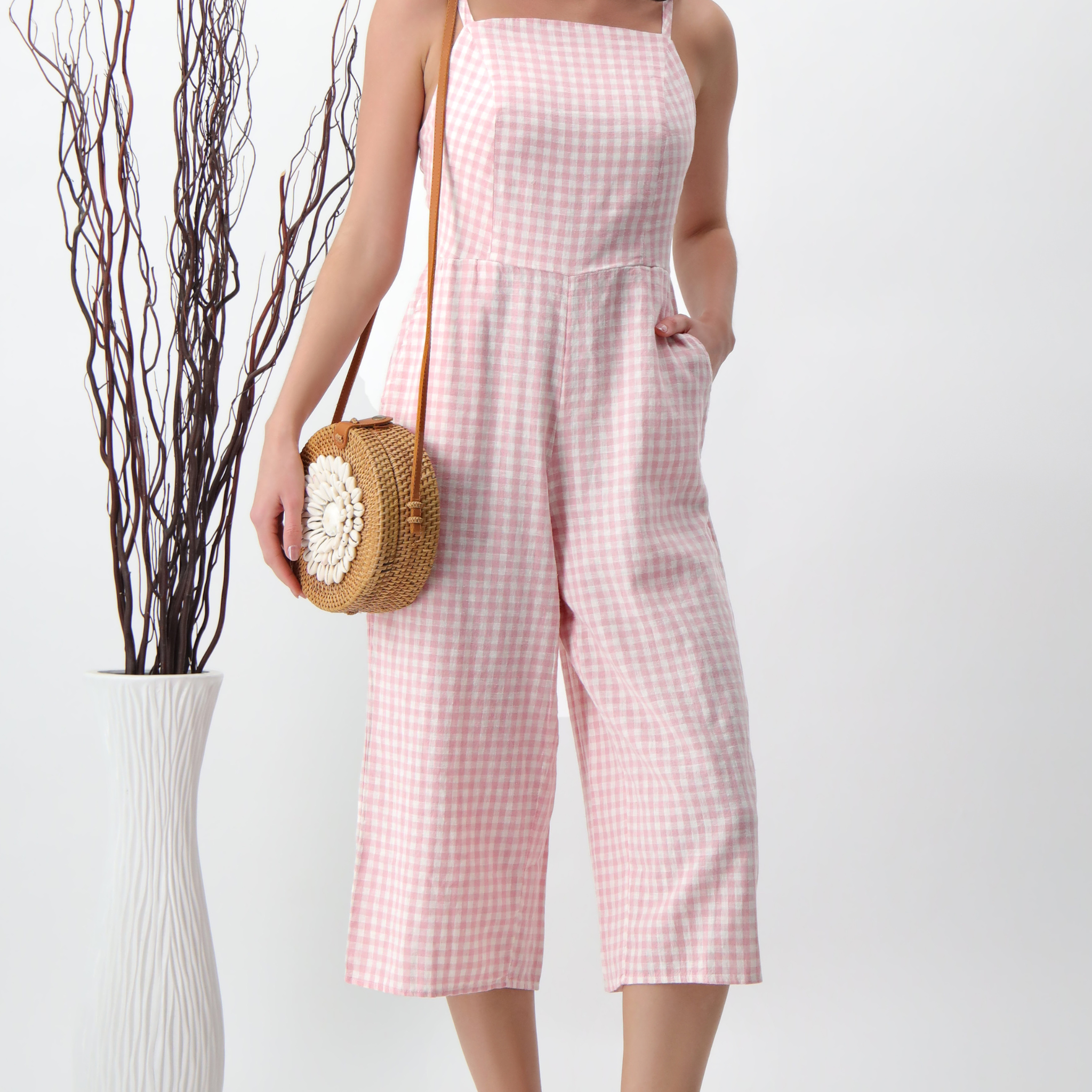 Rosalie Pink Linen Check Jumpsuit