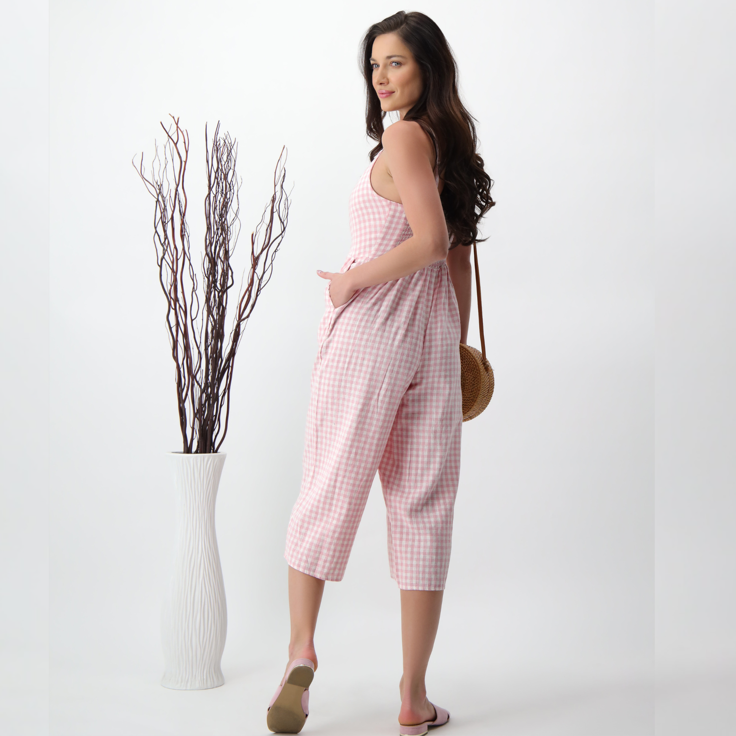 Rosalie Pink Linen Check Jumpsuit