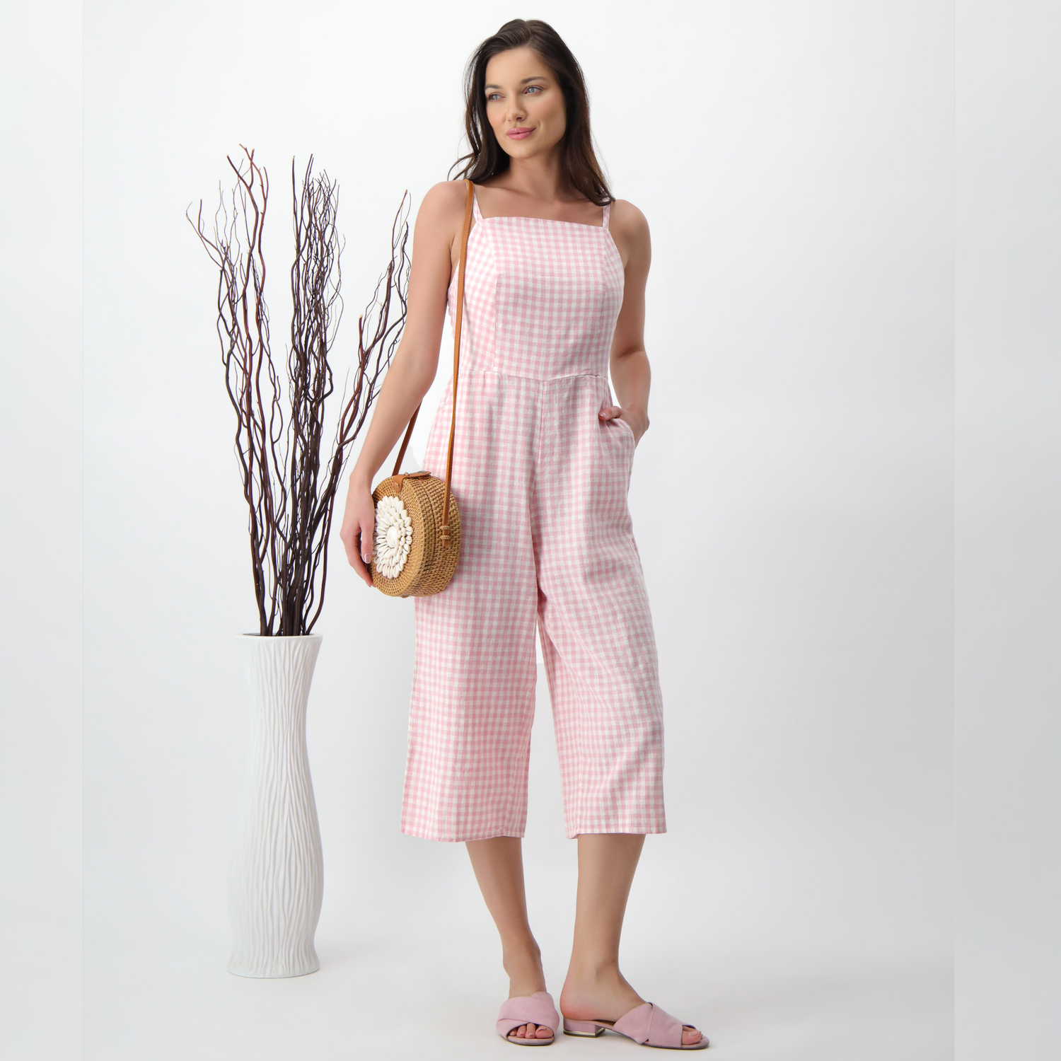 Rosalie Pink Linen Check Jumpsuit